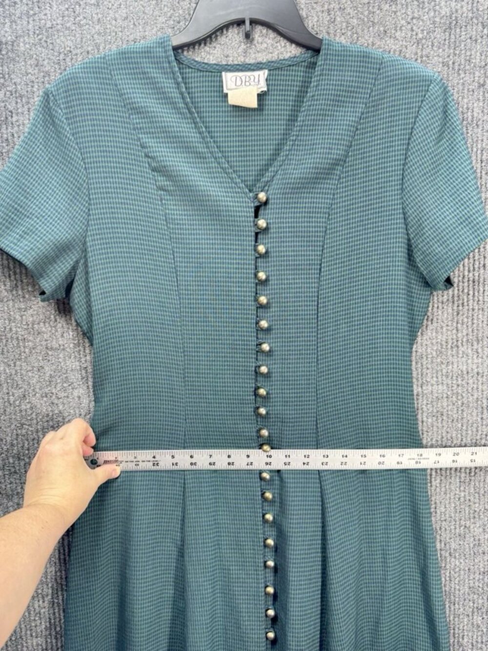 Vintage DBY Dress Womens 11 Green Blue Gingham Midi Sheath Button Front Tie Back - Picture 7 of 9